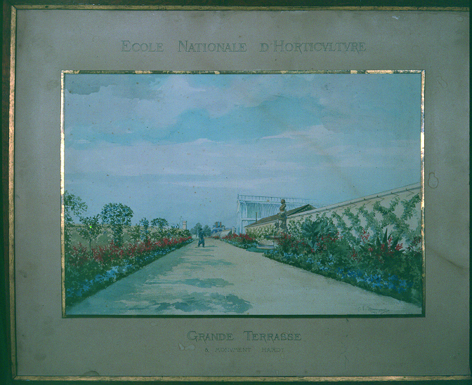 Ecole nationale d&rsquo;Horticulture. Grande terrasse et monument Hardy (intitulé d&rsquo;origine)